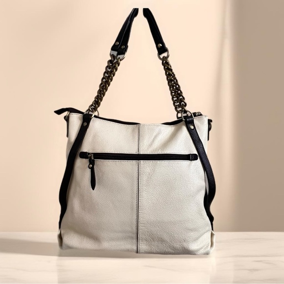 Rioni Quadra Chained Cream and Brown Tote Handbag - Picture 2 of 11